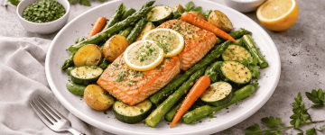 Pečen losos z mlado zelenjavo in limono