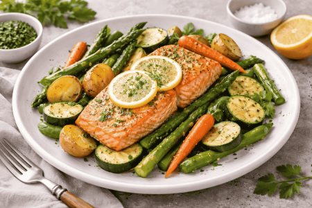 Pečen losos z mlado zelenjavo in limono