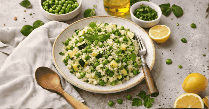Pomladna rižota z grahom, bučkami in zelišči