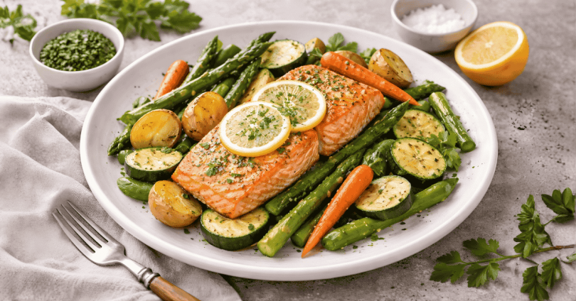 Pečen losos z mlado zelenjavo in limono
