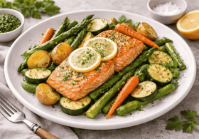 Pečen losos z mlado zelenjavo in limono